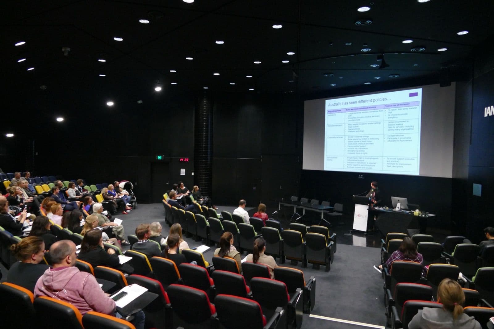 Audience in a tiered lecture theatre watching a presentation on disability policy in Australia