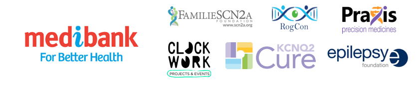 Sponsors and supporters of GETA 2018, including Medibank, FamilieSCN2A Foundation, RogCon, Praxis Precision Medicines, Clockwork Projects & Events, KCNQ2 Cure and Epilepsy Foundation