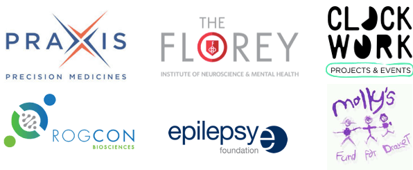 Sponsors and supporters of GETA 2019, including Praxis Precision Medicines, The Florey Institute of Neuroscience & Mental Health, Clockwork Projects & Events, RogCon Biosciences, Epilepsy Foundation and Molly’s Fund for Dravet