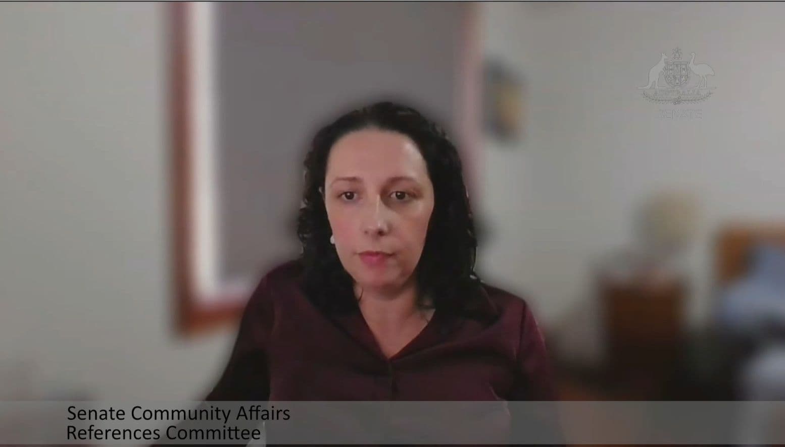 Emily Cukalevski giving evidence to the Senate Community Affairs References Committee by video link